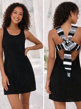 Lulus Black Shift Mini Dress L Open Back Tie Stripe Boho Lined Sleeveless Resort